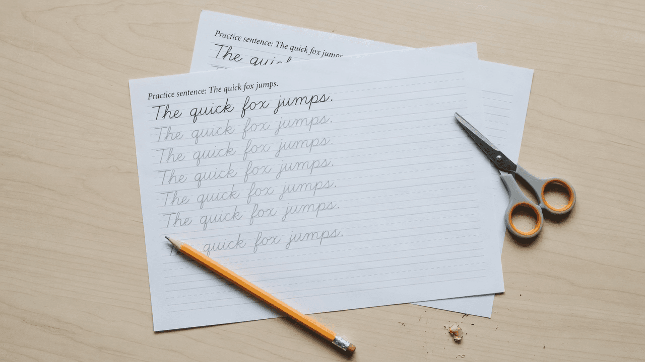 Printed lined practice worksheets with repeated handwriting sentences