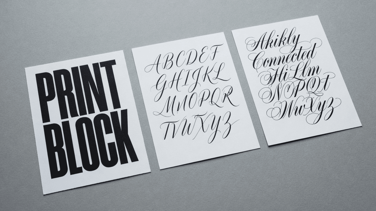 Side-by-side comparison of print, loose script, and cursive handwriting cards